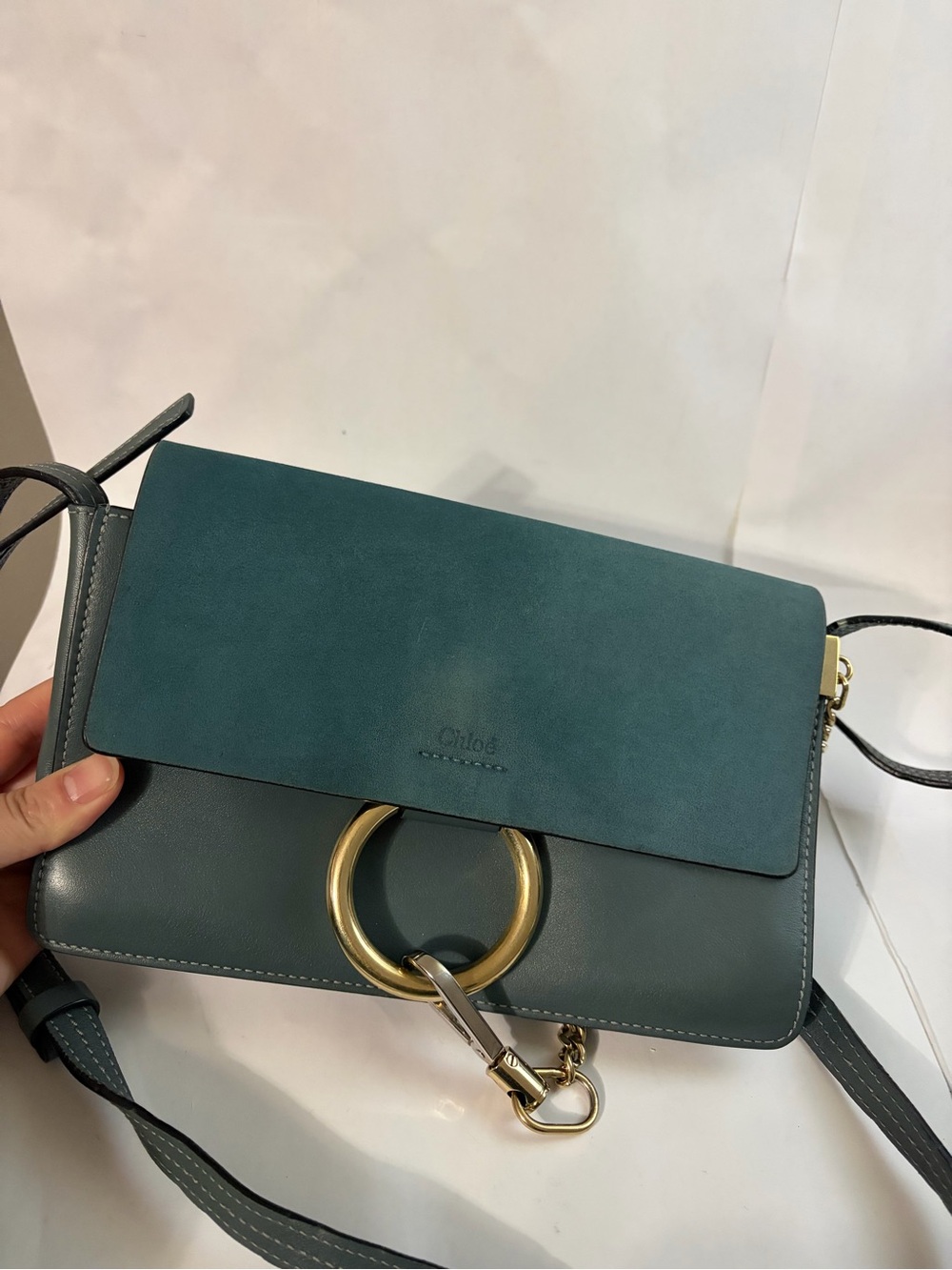 100% authentic Chloé Teal Two-Tone Suede & Leather Crossbody Bag